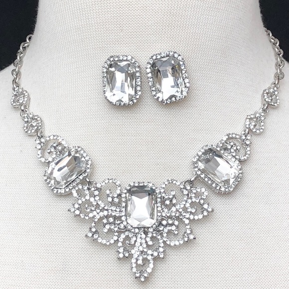 Clear Rhinestone Formal Swirl Necklace Earring Set - Picture 1 of 3